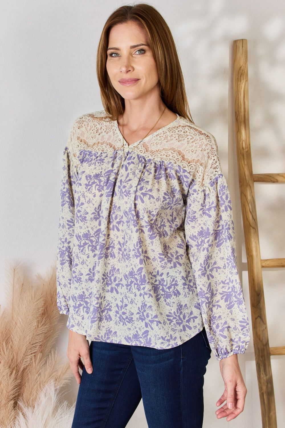 Hailey & Co Full Size Lace Detail Printed Blouse 