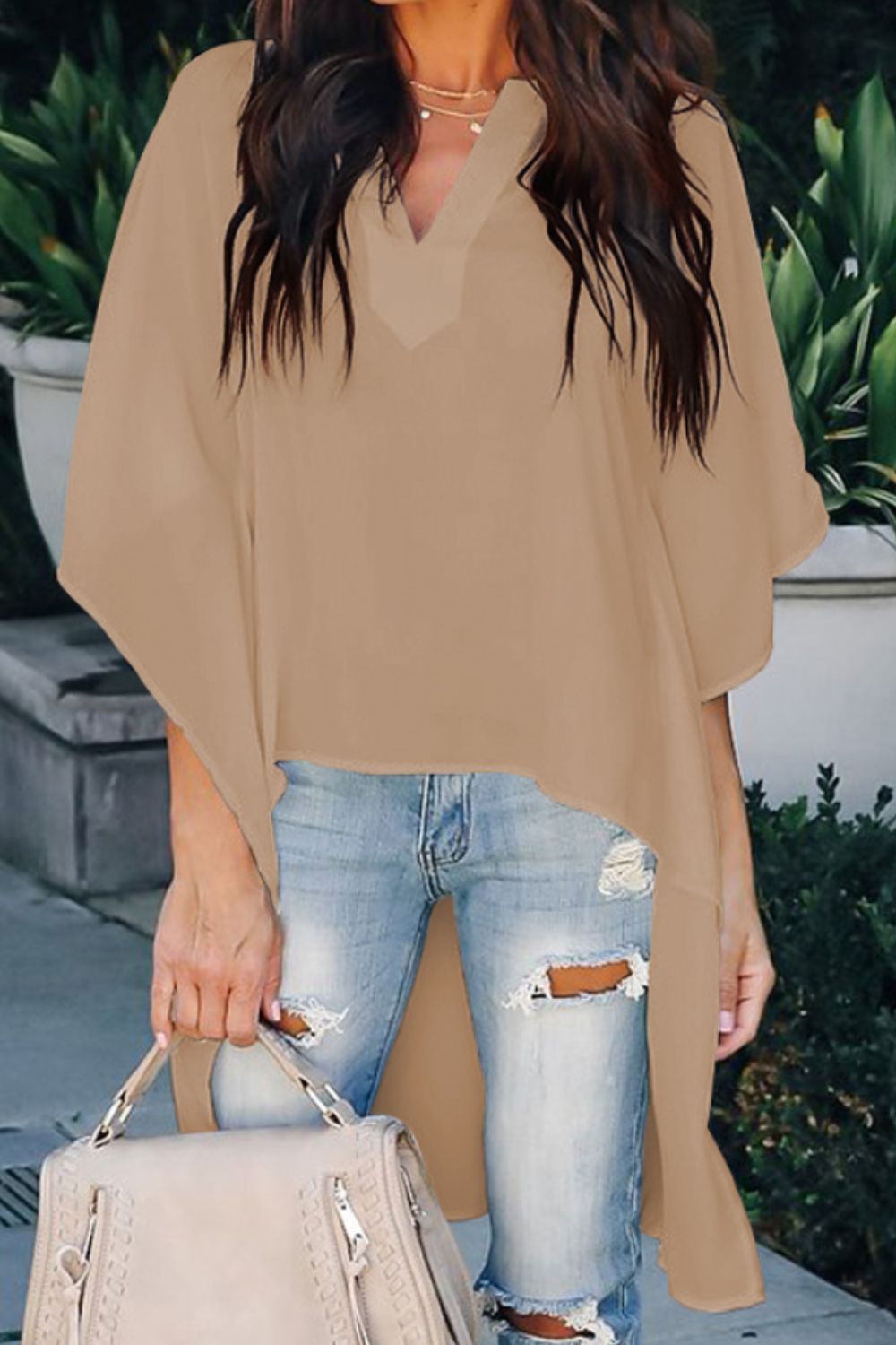 High-Low Notched Half Sleeve Blouse - Babbazon Camisole