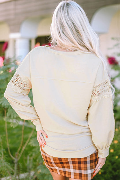 Lace Detail Notched Long Sleeve Sweatshirt 