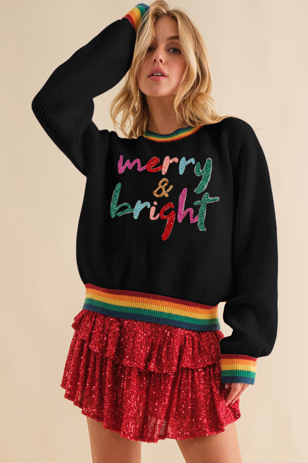 MERRY & BRIGHT Ribbed Round Neck Sweater 