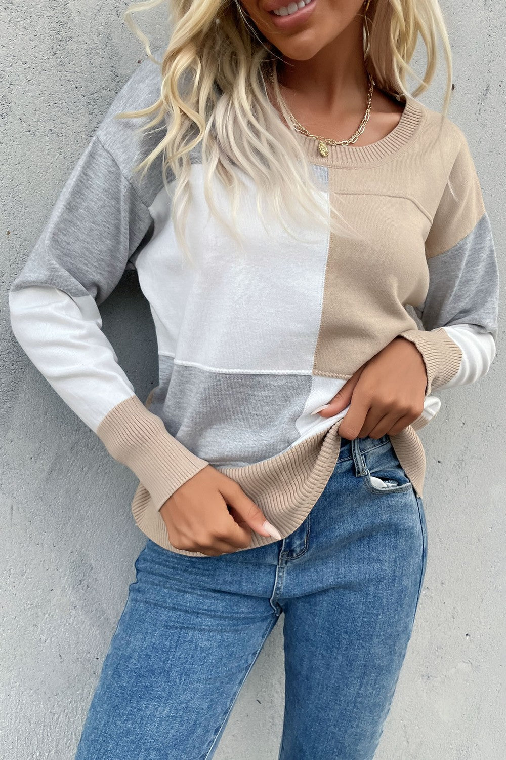 Color Block Ribbed Trim Round Neck Knit Pullover 