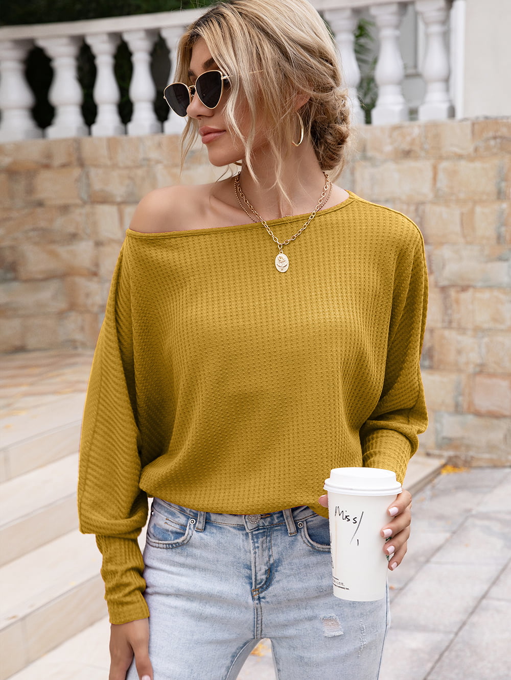 Waffle-Knit Boat Neck Long Sleeve Top 