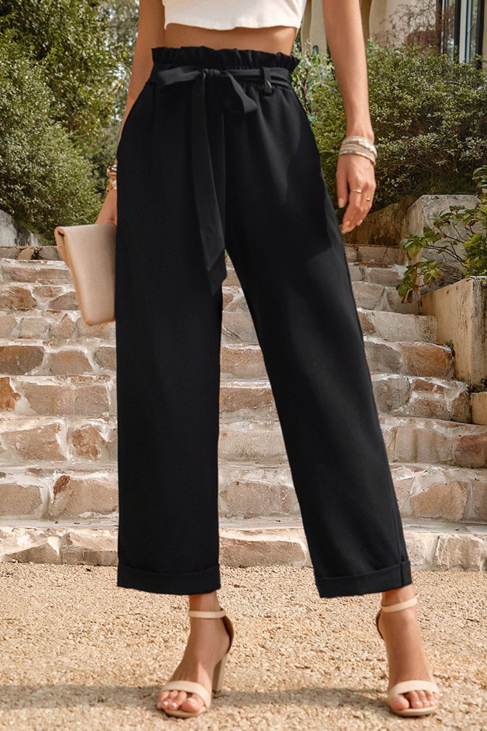 Tie Belt Paperbag Waist Straight Leg Pants 