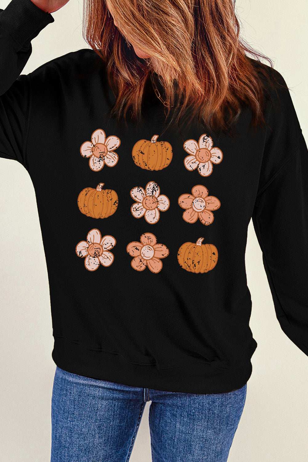 Simply Love Round Neck Long Sleeve Pumpkin & Flower Graphic Sweatshirt 