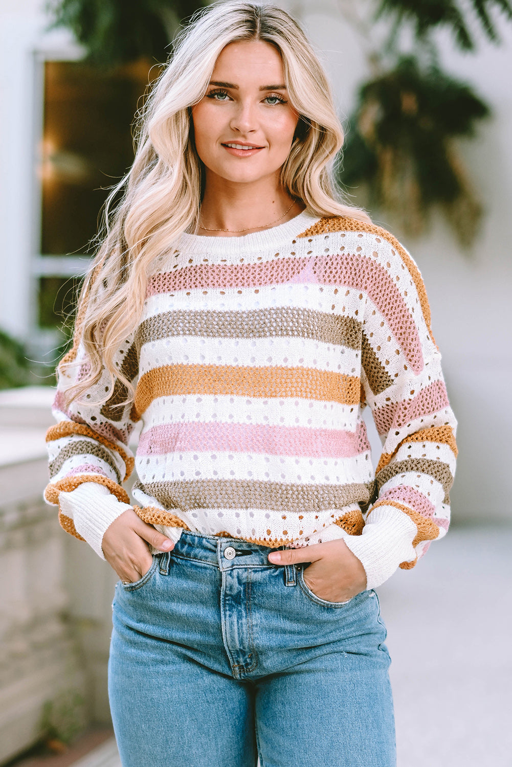 Openwork Striped Round Neck Long Sleeve Knit Top 