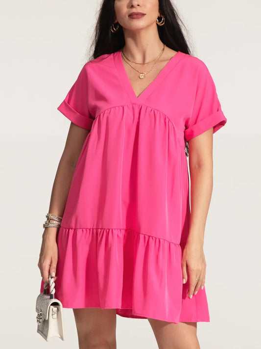 V-Neck Short Sleeve Ruffle Hem Dress 