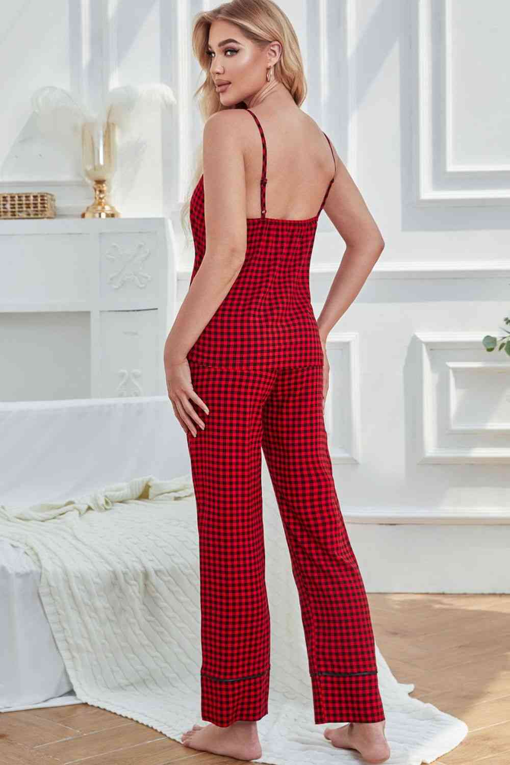 Gingham V-Neck Cami and Tied Pants Lounge Set 