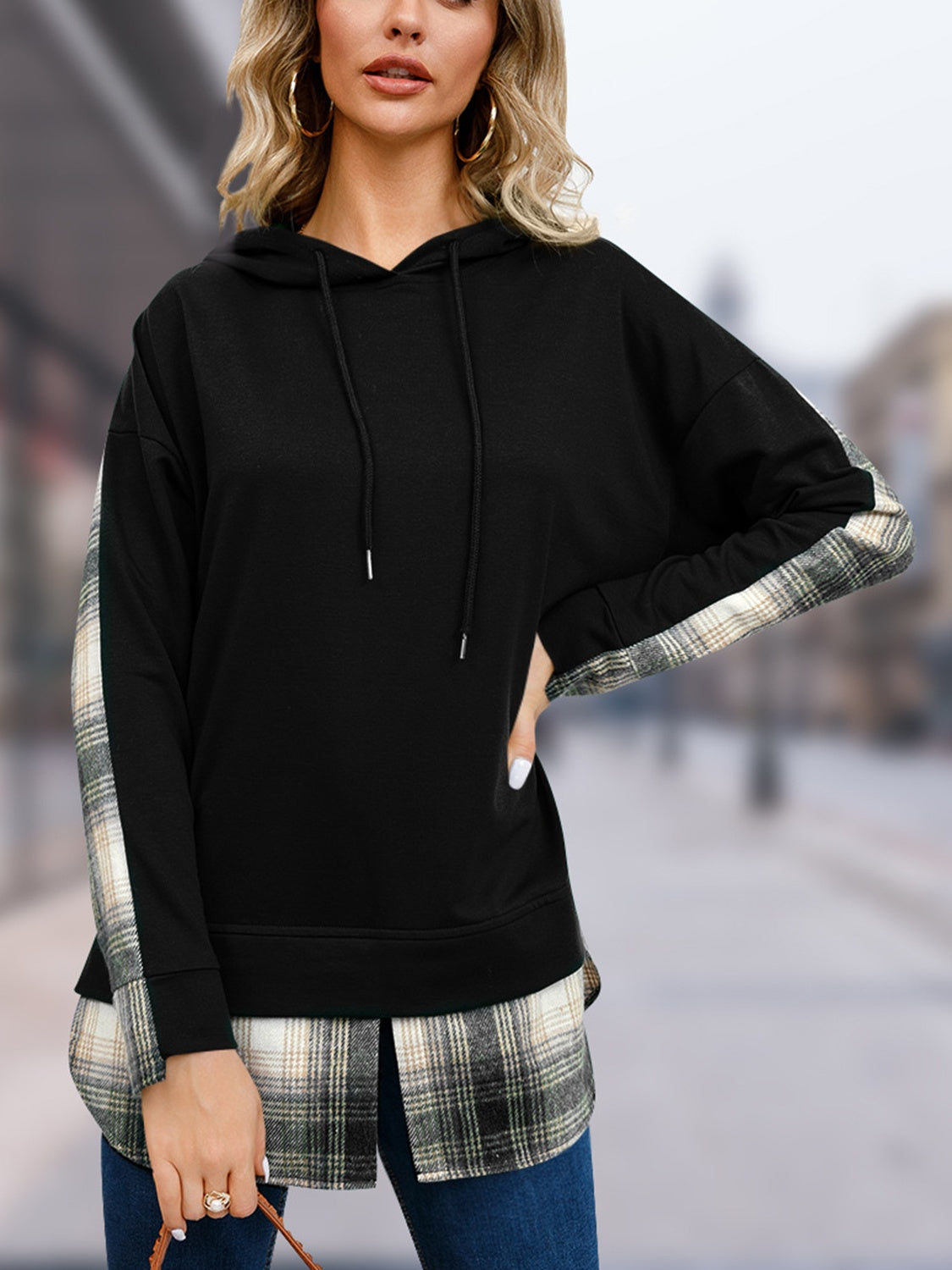 Plaid Drawstring Long Sleeve Slit Hoodie 