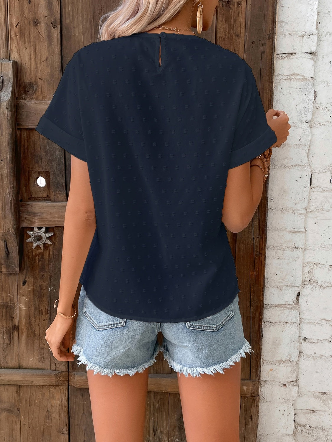 Lace Detail Round Neck Short Sleeve Blouse 