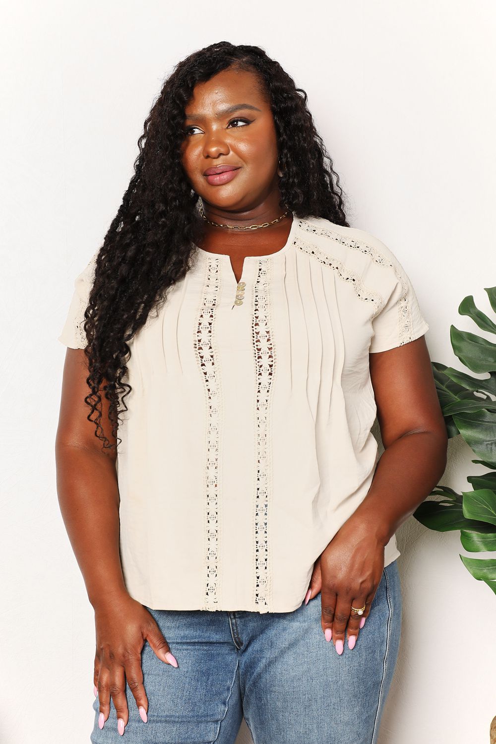 Double Take Crochet Buttoned Short Sleeves Top 