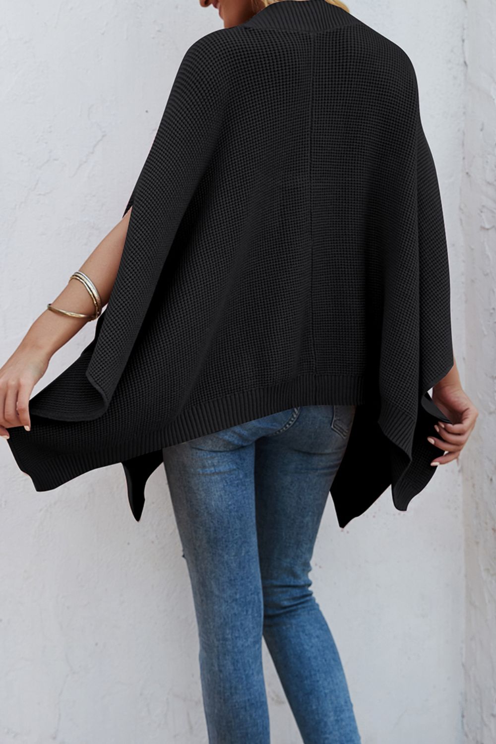 Waffle-Knit Pocketed Cape Sleeve Sweater 