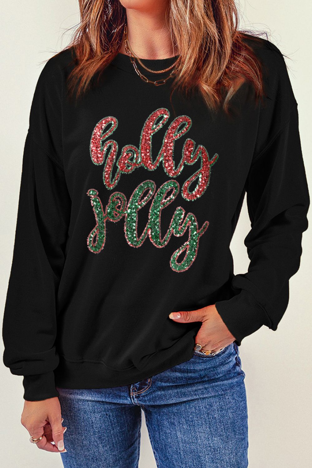 Sequin Round Neck Dropped Shoulder Sweatshirt 