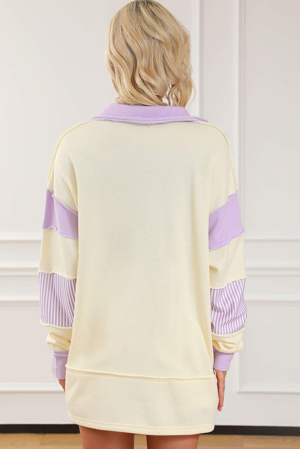 Striped Contrast Johnny Collar Dropped Shoulder Sweatshirt 