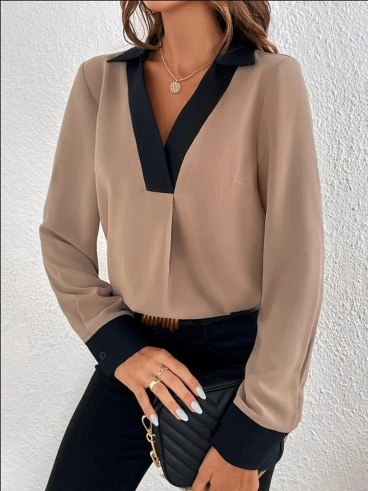 Contrast Trim V-Neck Long Sleeve Blouse 