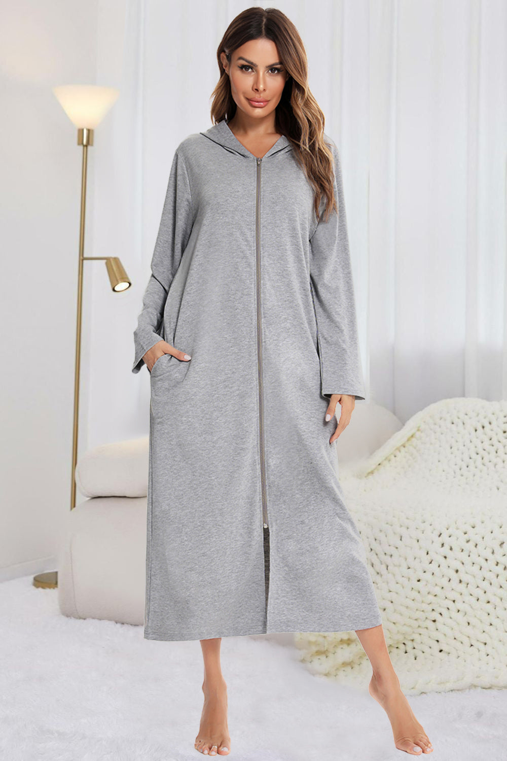 Zip Front Hooded Night Dress with Pockets 