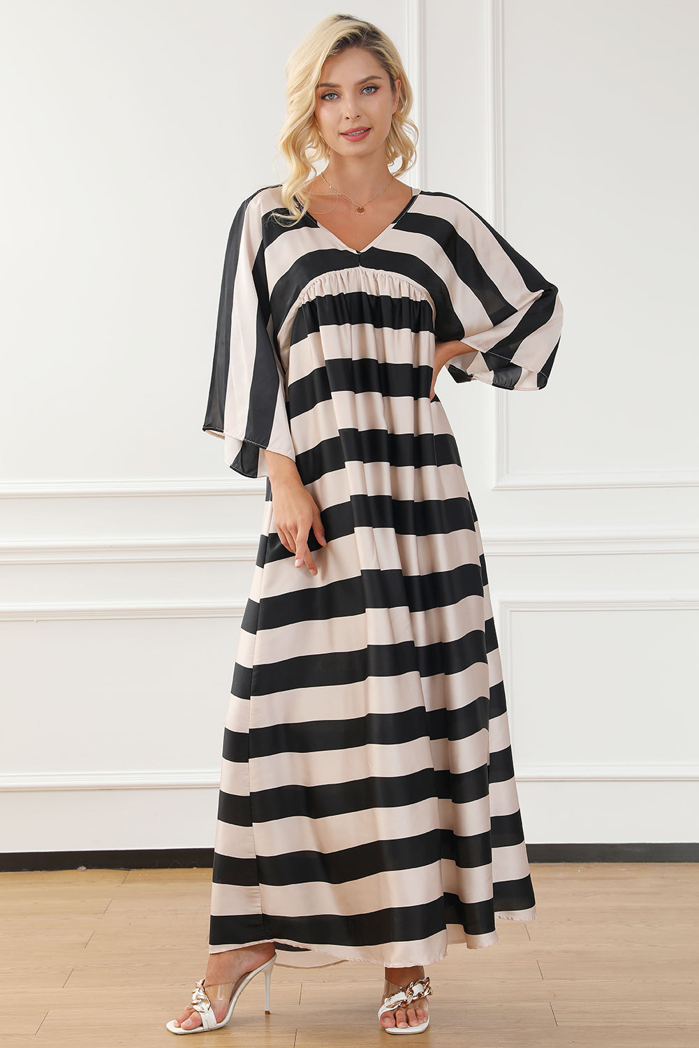 Striped V-Neck Ruched Dress 