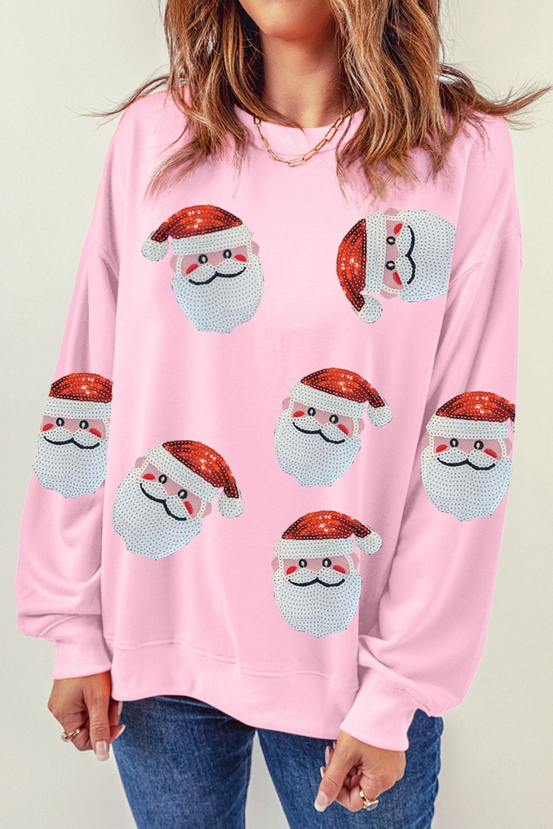 Sequin Santa Patch Round Neck Sweatshirt - Babbazon Sparkly Clothes