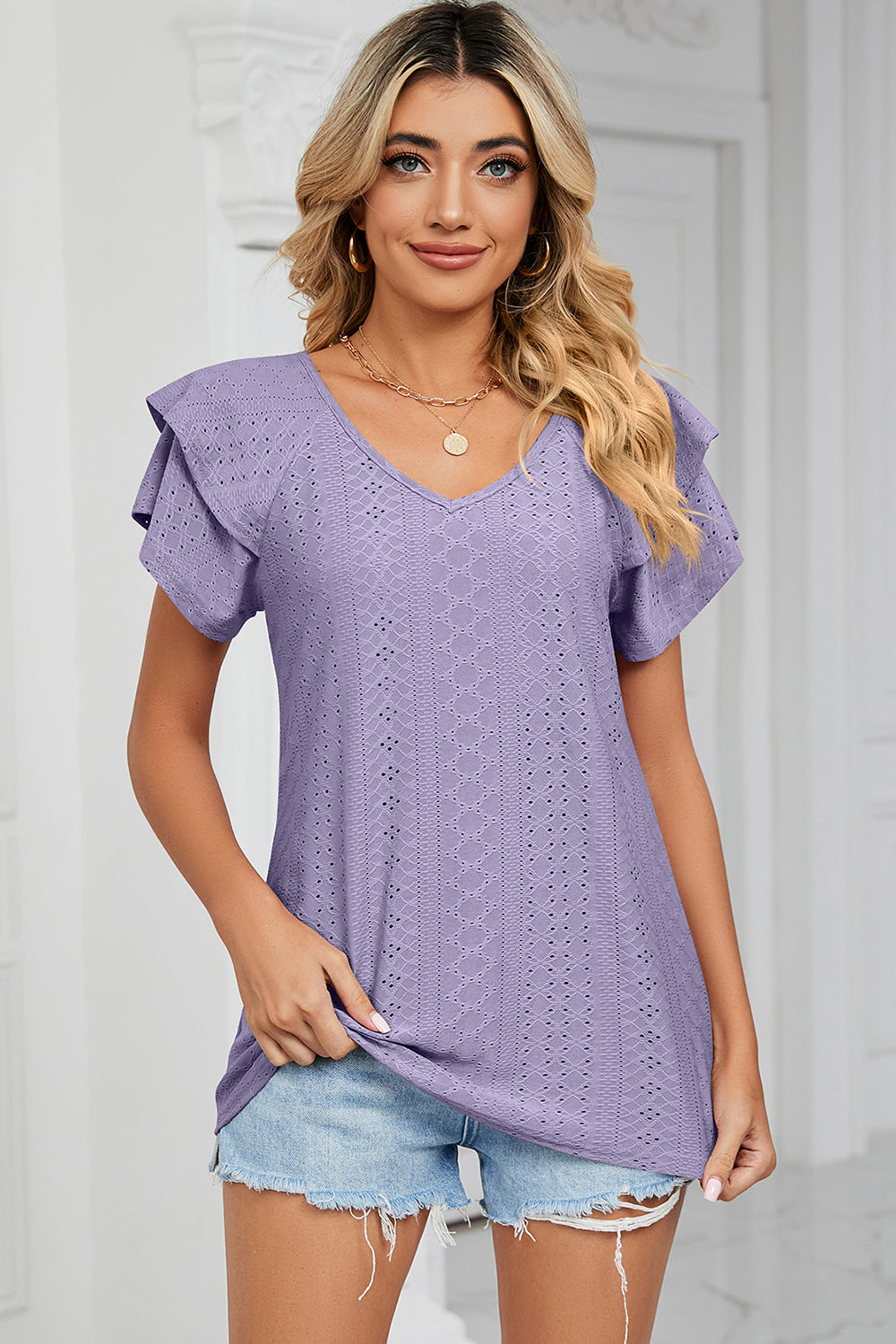 Eyelet V-Neck Short Sleeve T-Shirt 