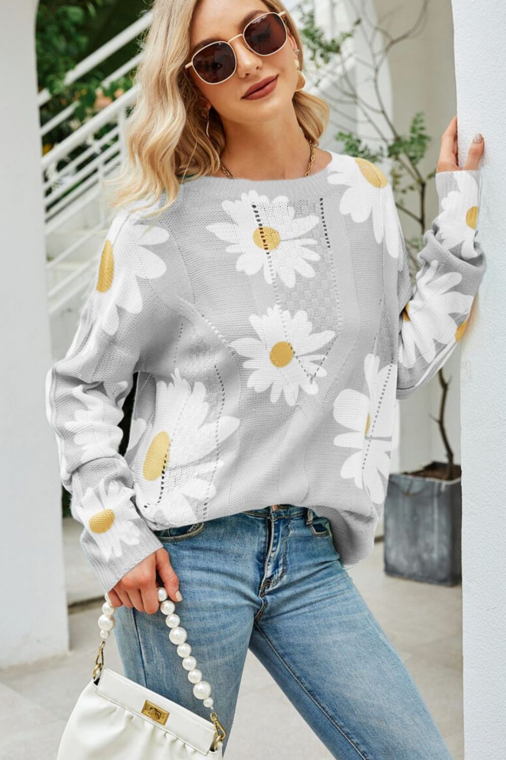 Daisy Print Openwork Round Neck Sweater 