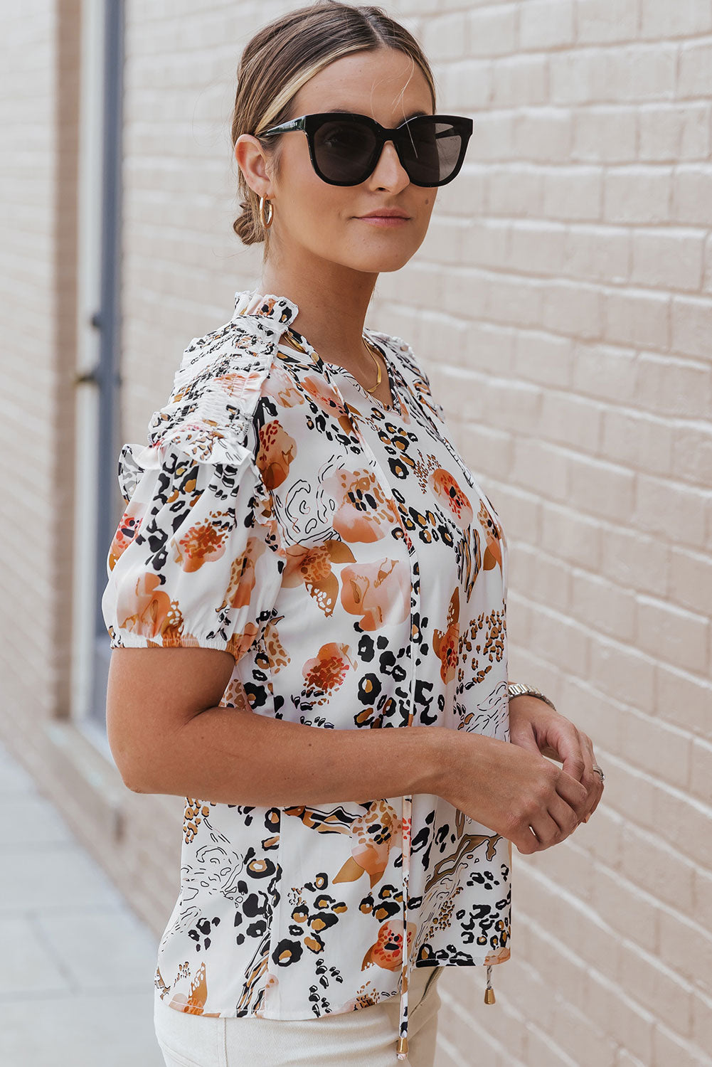 Ruffled Leopard Tie Neck Short Sleeve T-Shirt 