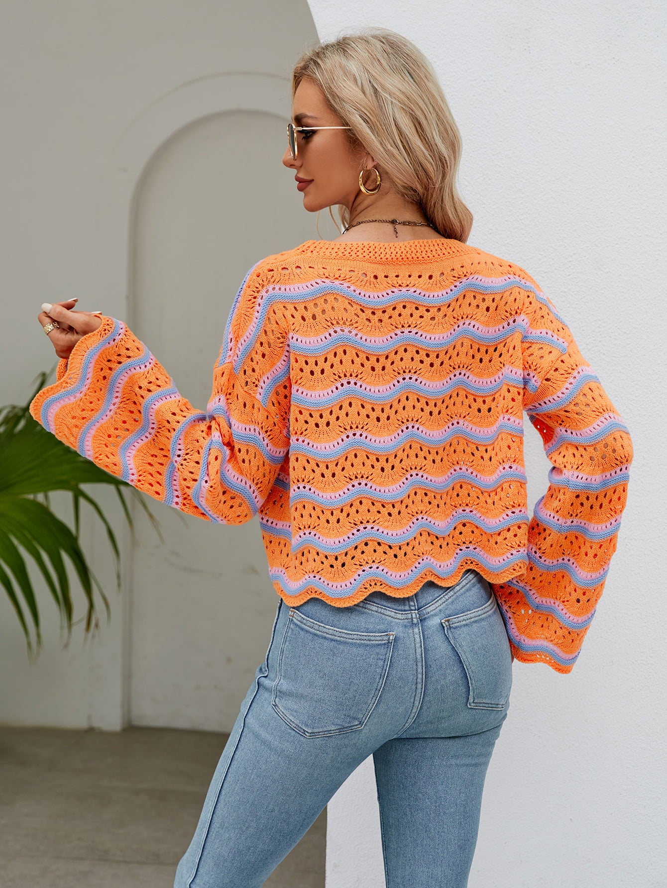 Round Neck Openwork Flare Sleeve Knit Top 