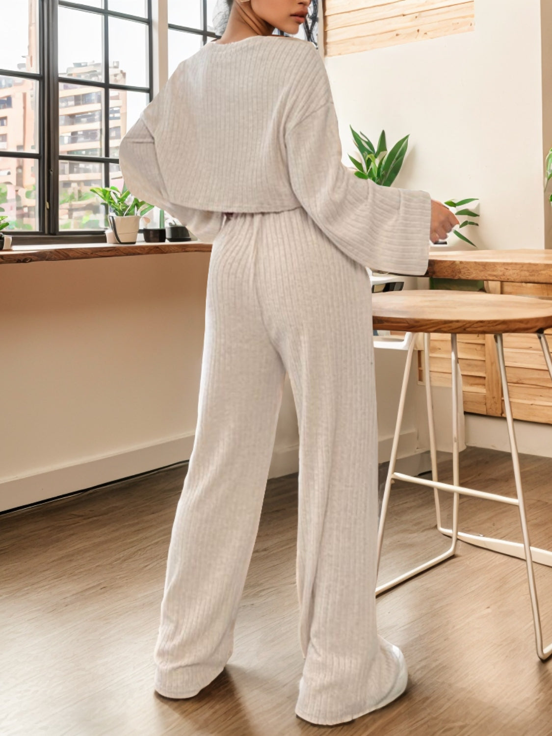 Ribbed Round Neck Top and Drawstring Pants Set 