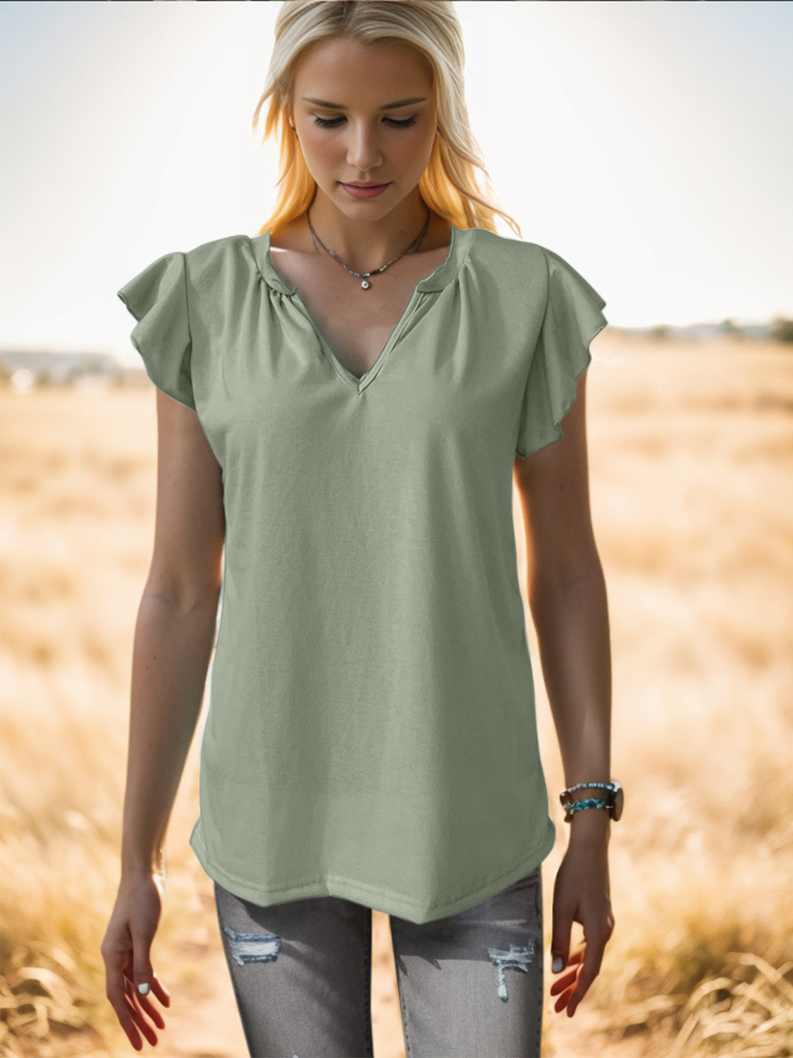 Ruffled Notched Cap Sleeve Tank