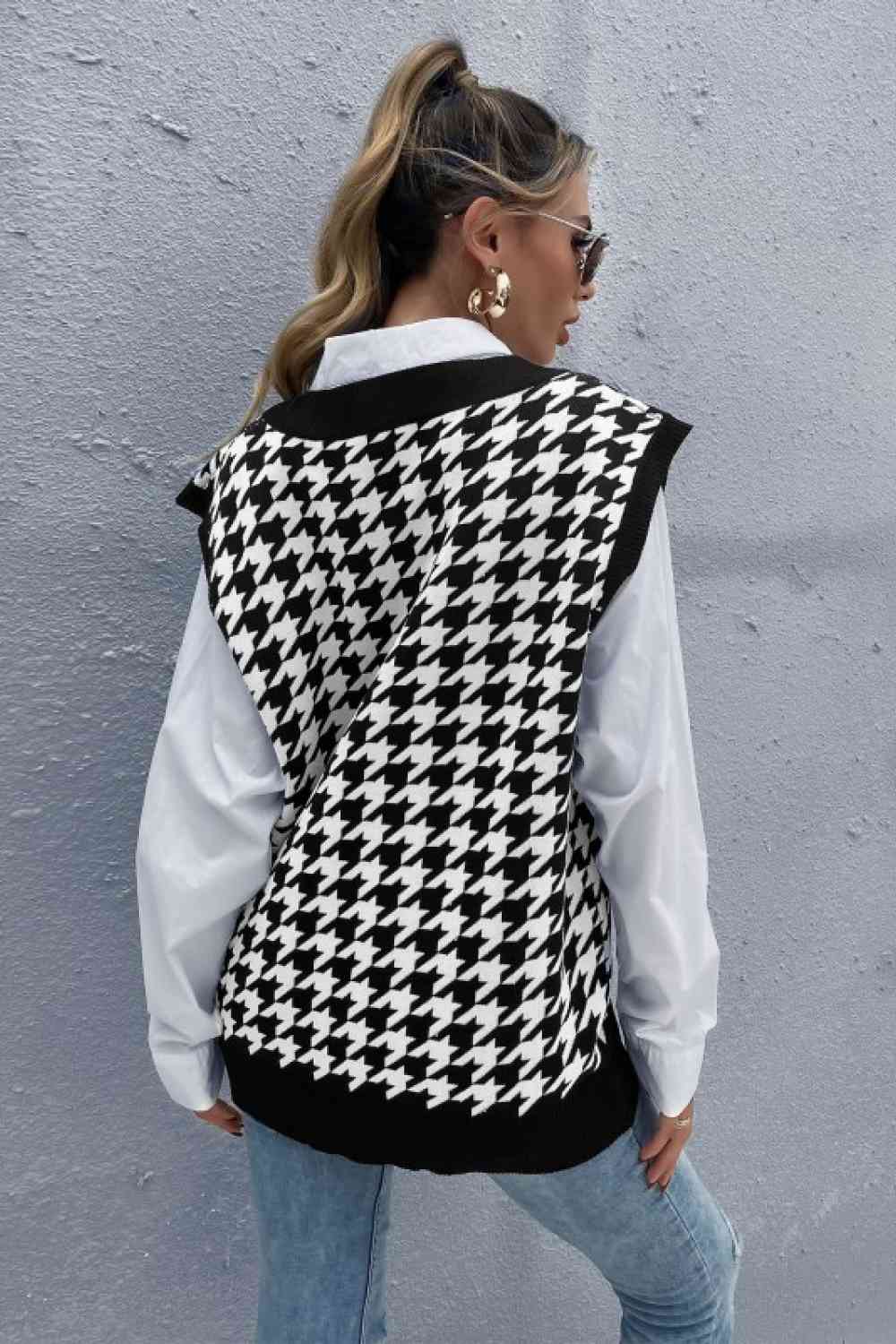 Houndstooth Ribbed V-Neck Sweater Vest 