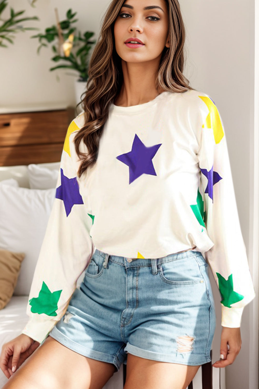 Star Print Round Neck Lantern Sleeve T-Shirt 