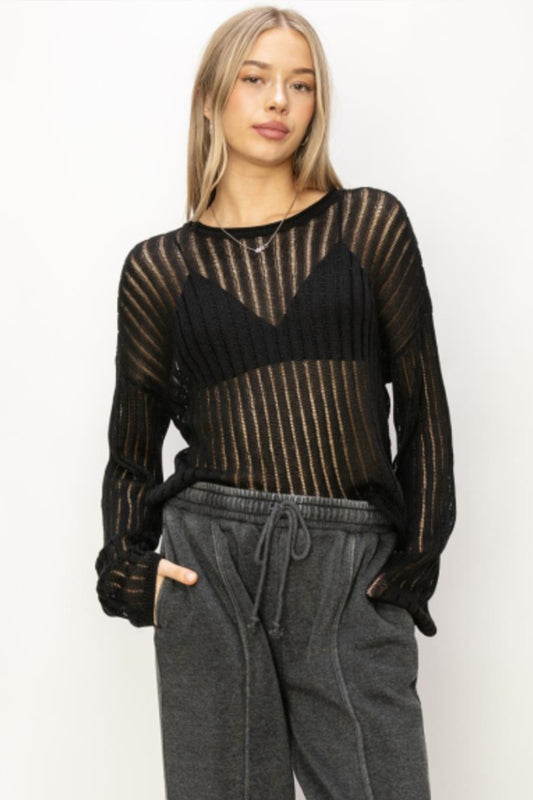 HYFVE Openwork Ribbed Long Sleeve Knit Top 