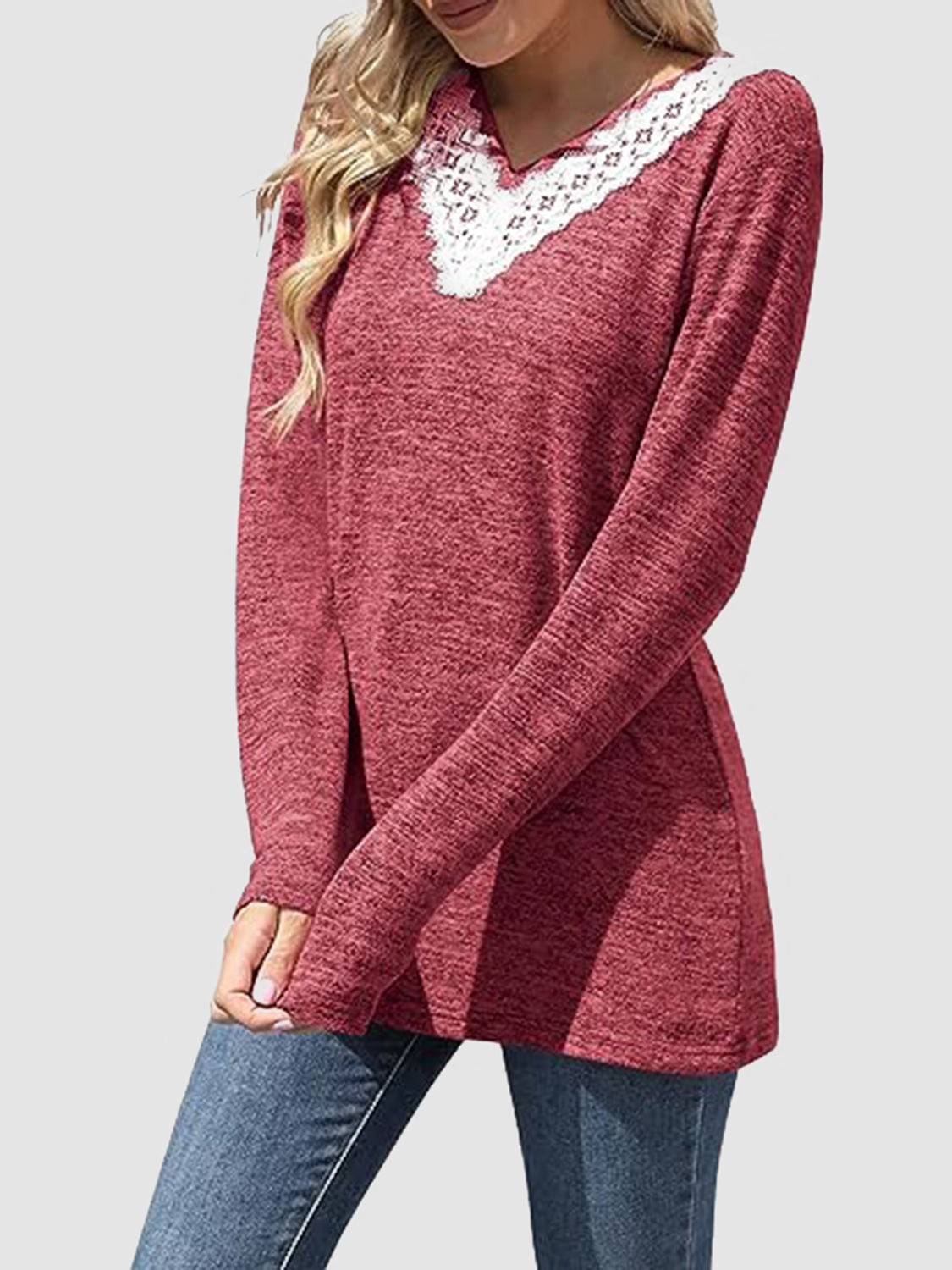 Lace Detail V-Neck Long Sleeve Top