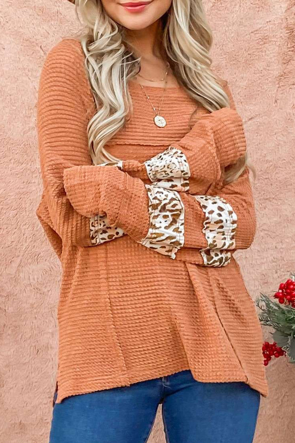 Waffle-Knit Leopard Long Sleeve Slit Blouse 