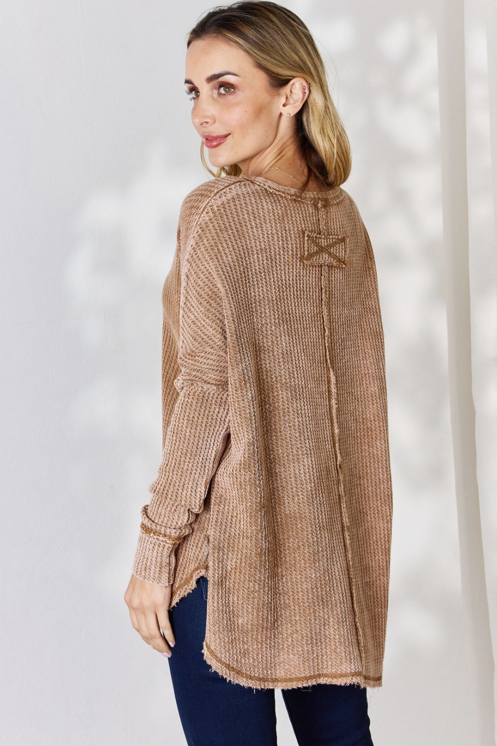 Zenana Oversized Washed Waffle Long Sleeve Top 