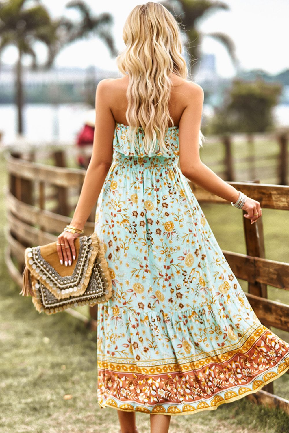 Bohemian Strapless Slit Midi Dress 