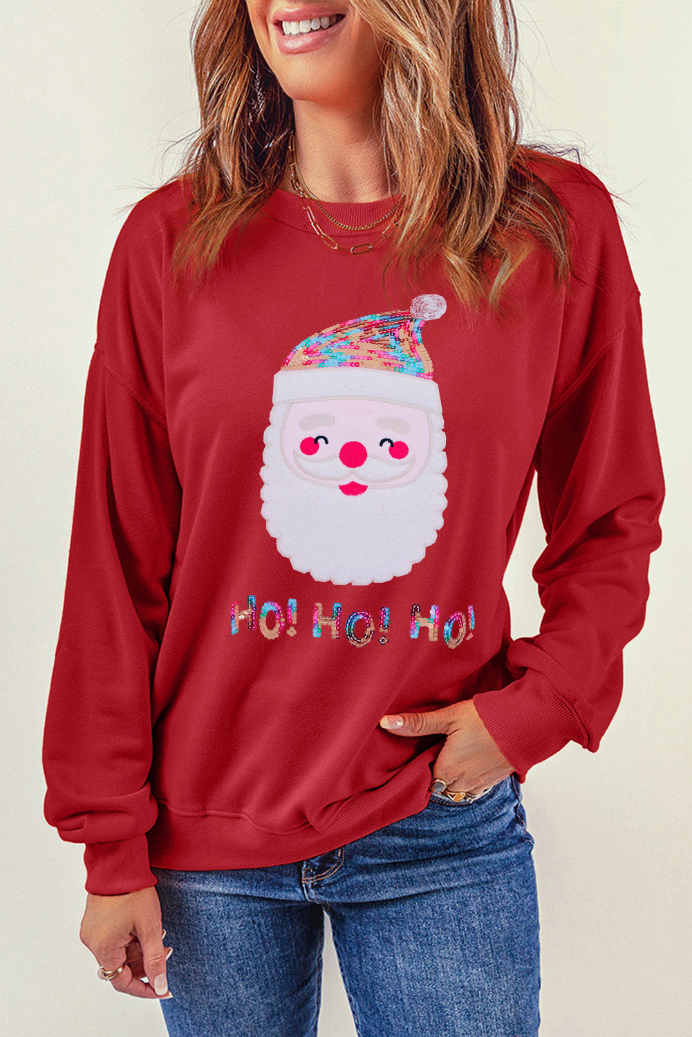 Sequin Santa Graphic Round Neck Sweatshirt 