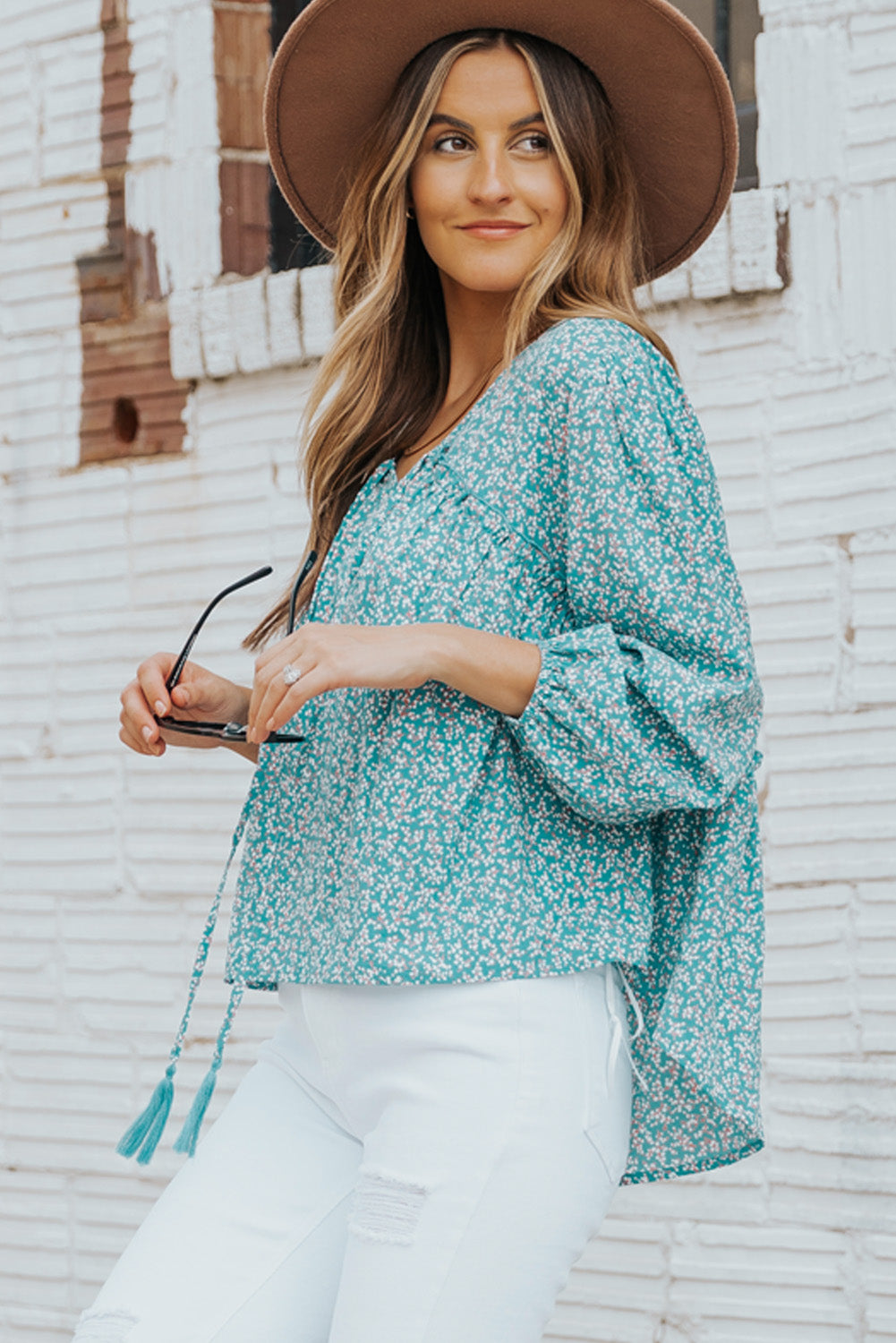 Ditsy Floral Tassel Tie High-Low Blouse 