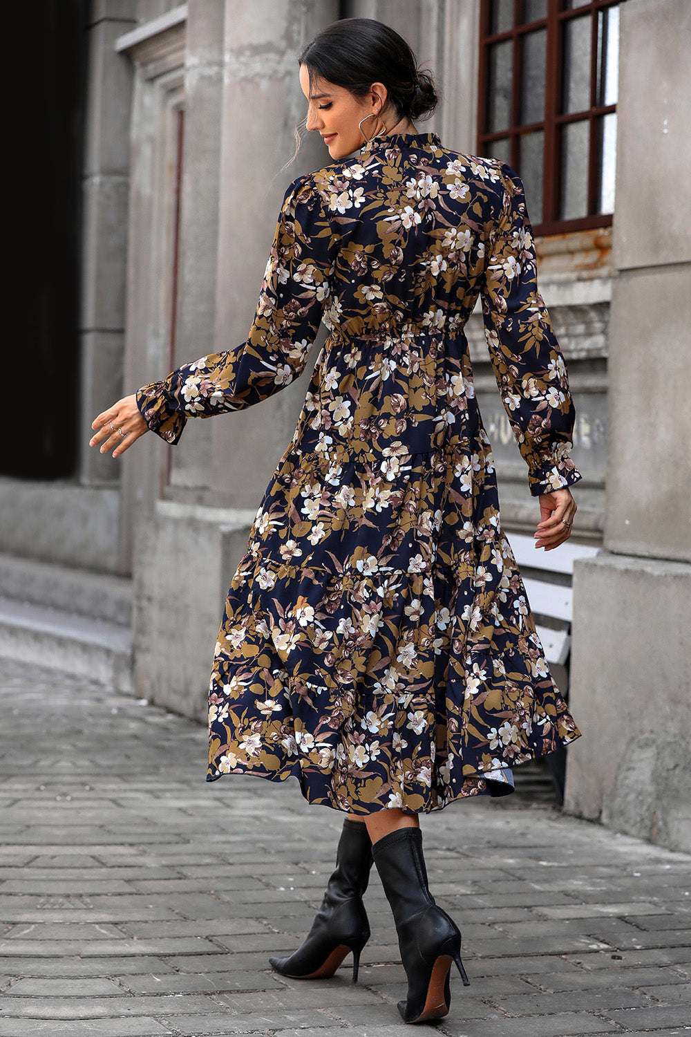 Floral Flounce Sleeve Tiered Dress 