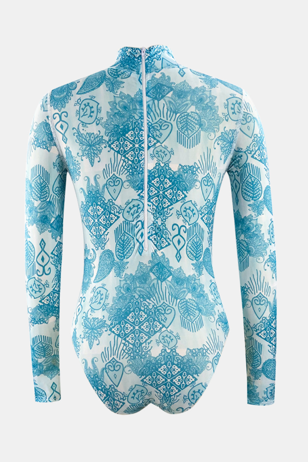 Printed Mock Neck Long Sleeve One-Piece Swimwear 