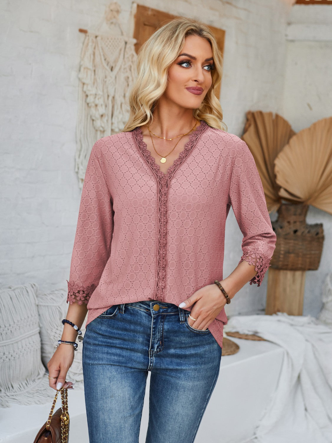 Lace Detail V-Neck Three-Quarter Sleeve Blouse 