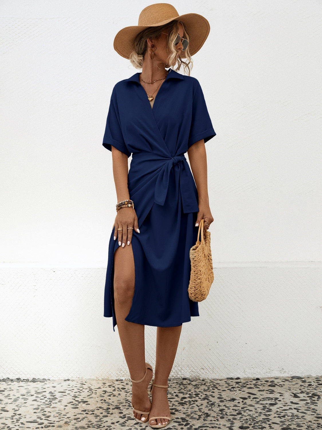 Tied Slit Short Sleeve Dress 