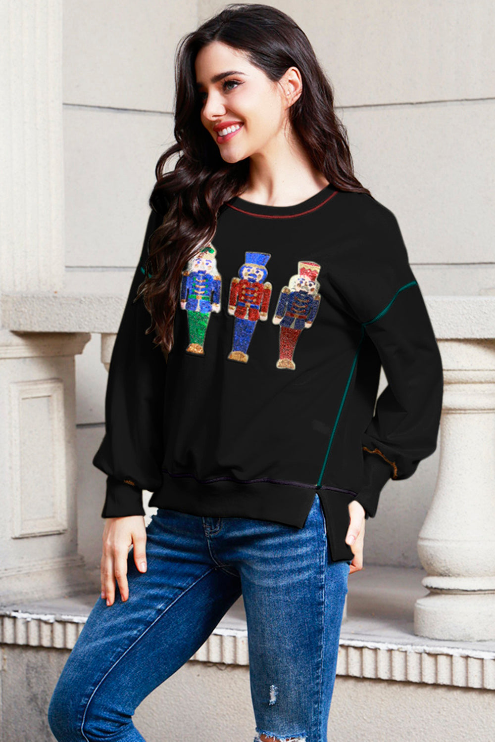 Sequin Nutcracker Round Neck Slit Sweatshirt 