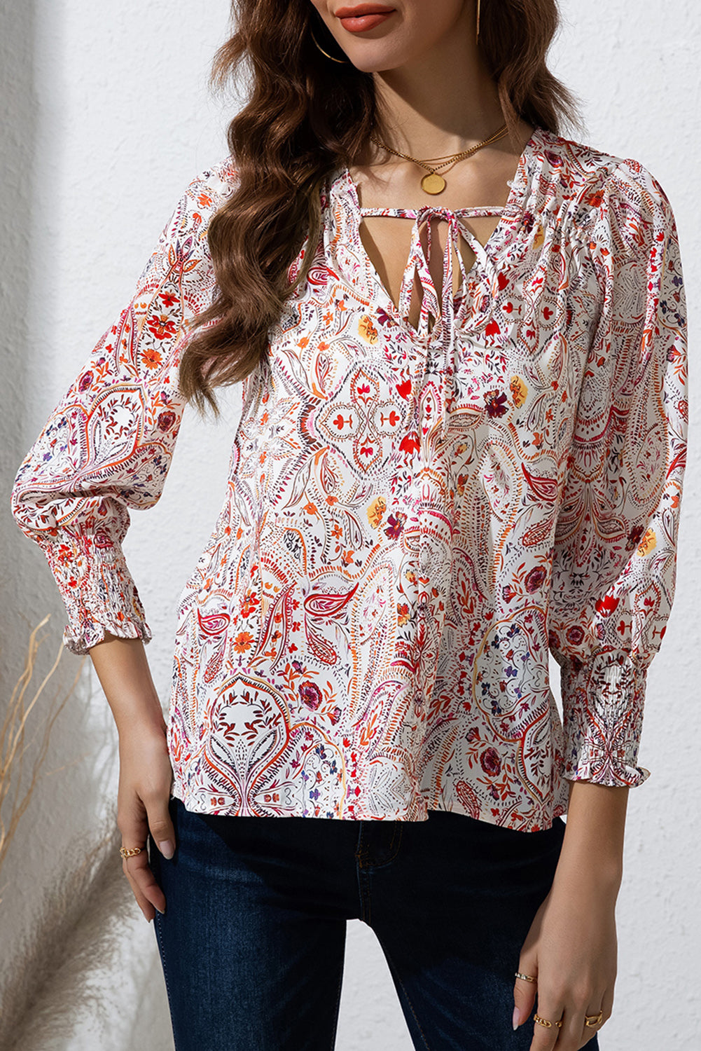 Printed Tie Neck Long Sleeve Blouse 