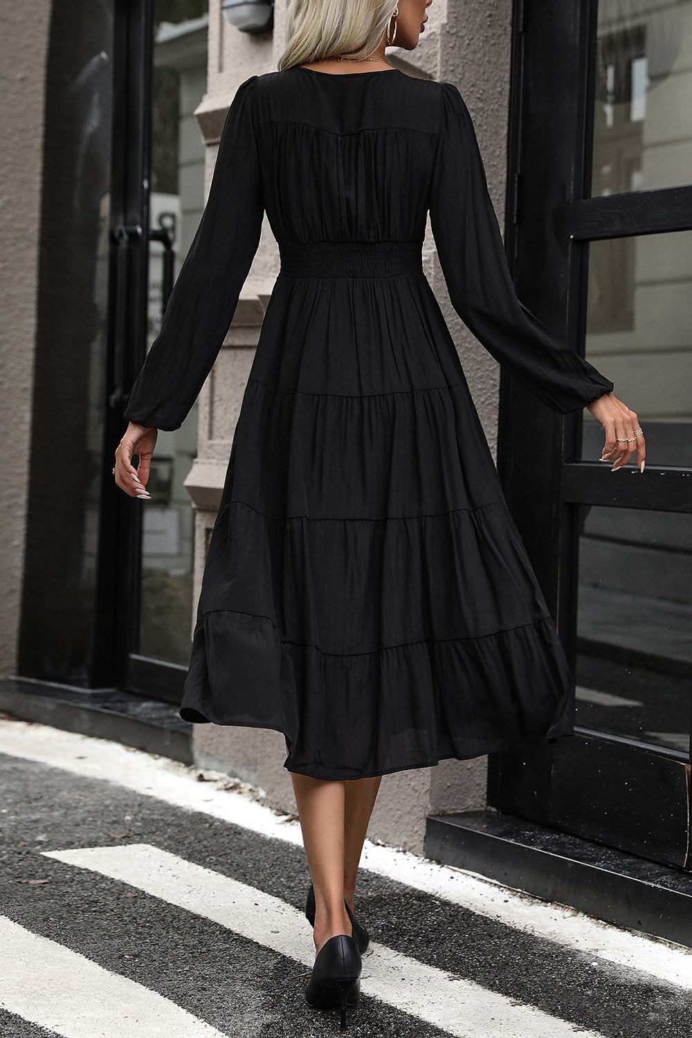 Tiered Ruched Button Up Midi Dress 