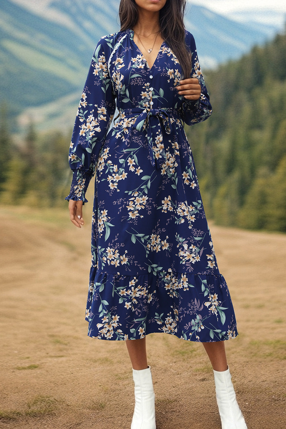 Printed Notched Lantern Sleeve Midi Dress 