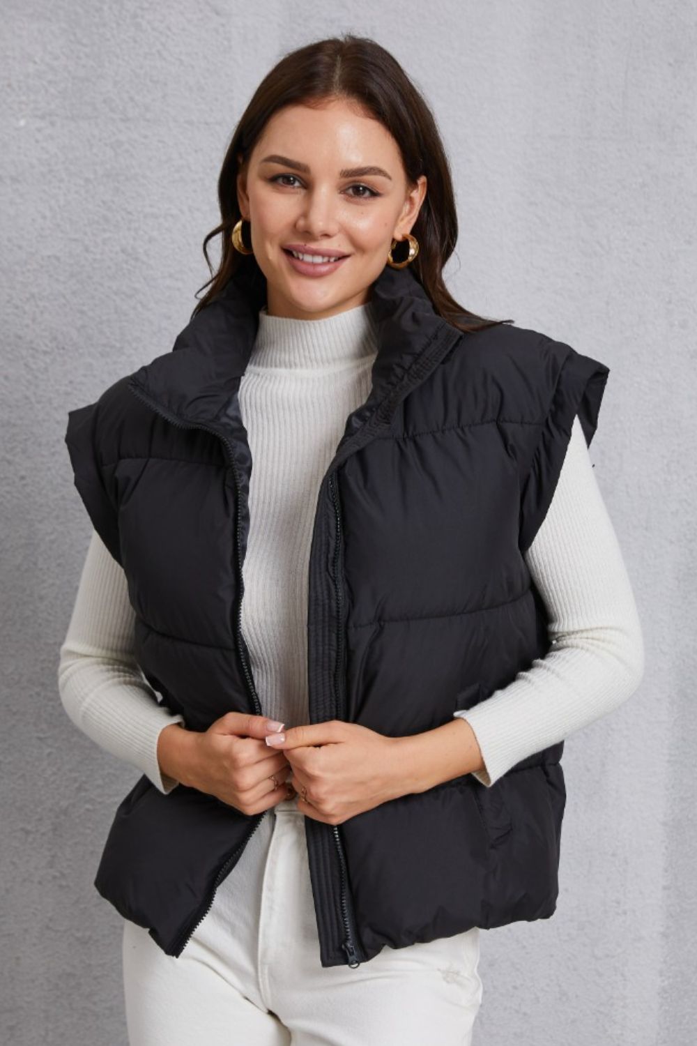 Zip Up Turtleneck Pocketed Vest Coat 