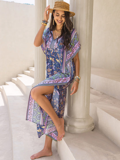 V-Neck Printed Slit Maxi Dress 