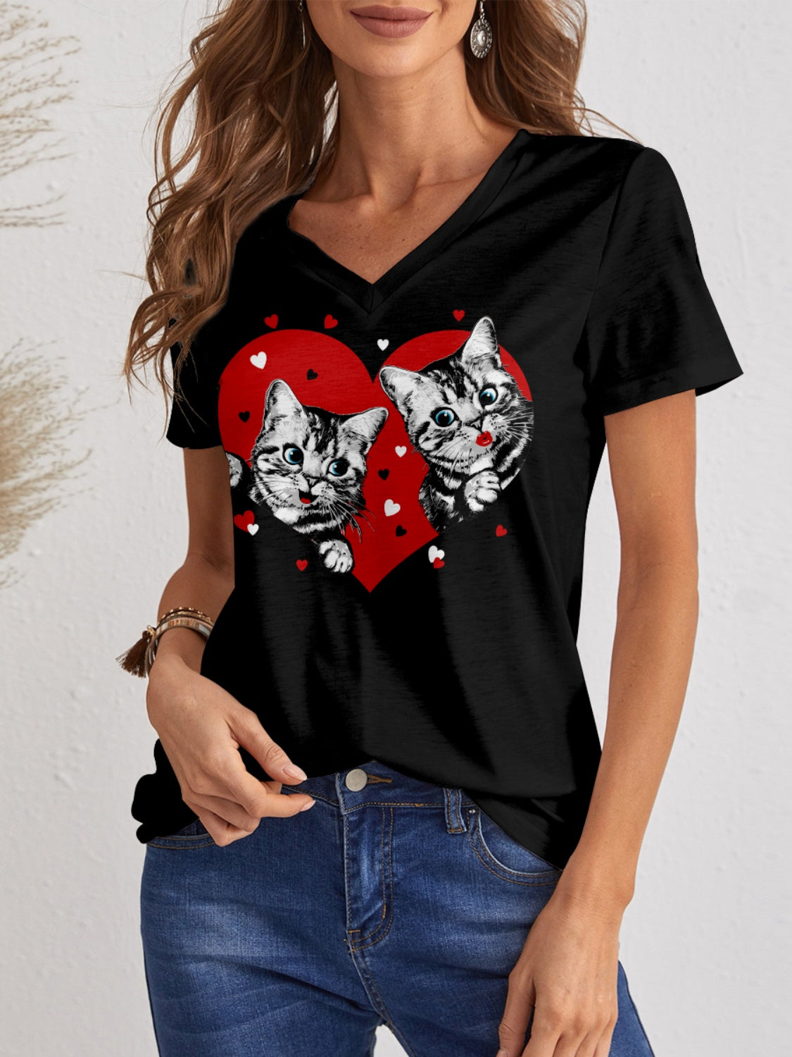 Cat V-Neck Short Sleeve T-Shirt 