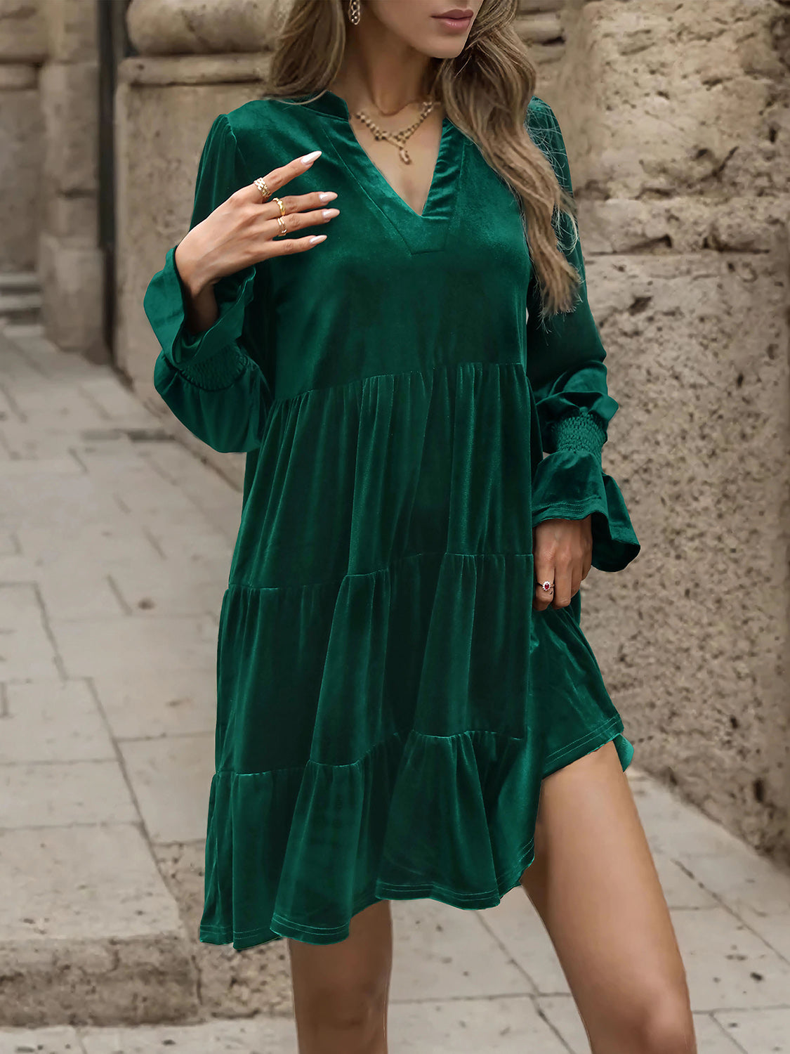 Notched Long Sleeve Tiered Dress 