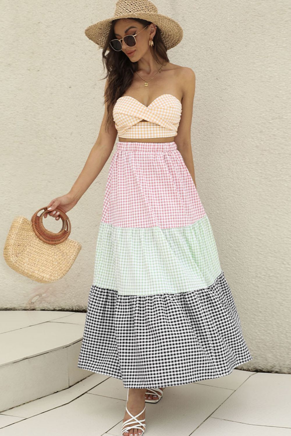 Plaid Strapless Top and Tiered Skirt Set 