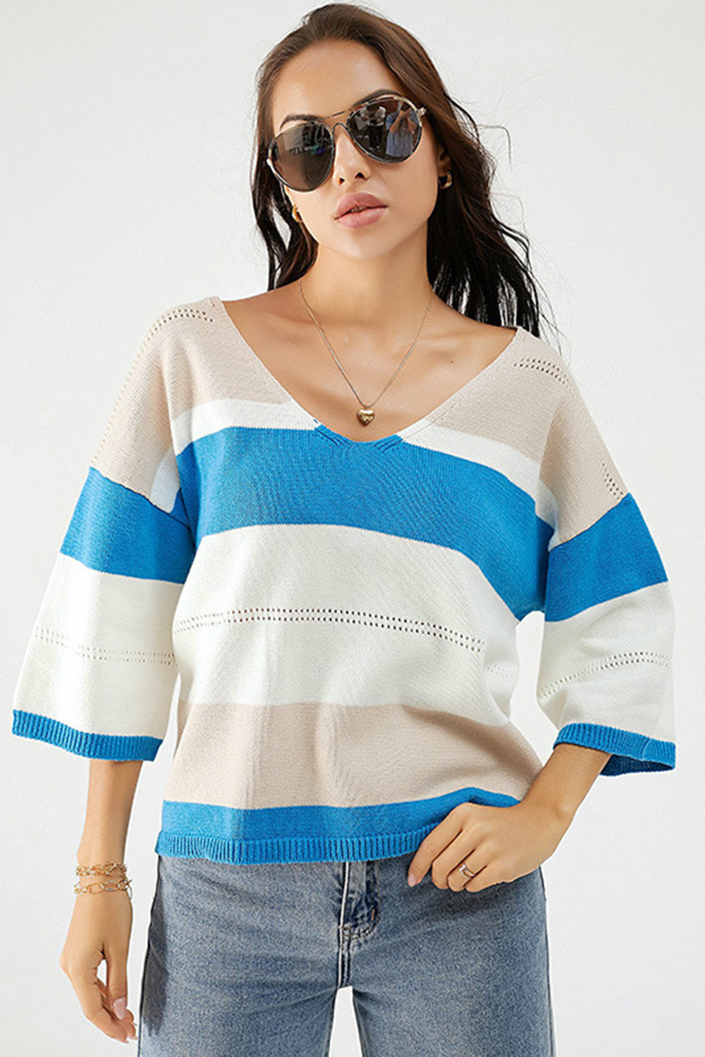 Color Block V-Neck Dropped Shoulder Sweater 